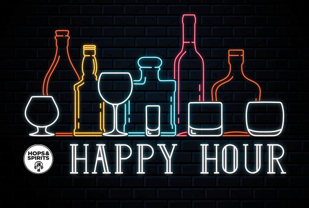 Hops & Spirits Happy Hour with images on neon drinks and bottles