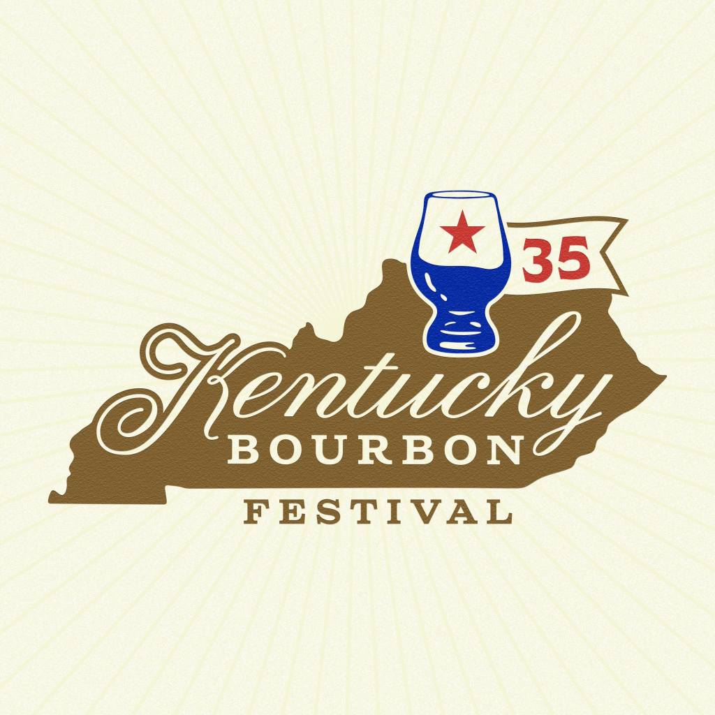 Kentucky Bourbon Festival 35th anniversary logo featuring the outline of the state of Kentucky with the words ‘Kentucky Bourbon Festival,’ a blue bourbon glass with a red star, and a banner reading ‘35’ on a light, sunburst background.